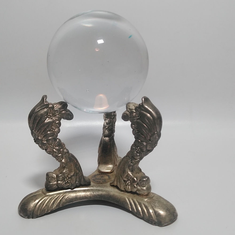 VINTAGE SILVERPLATED ORNATE BASE SILVER-PLATE CRYSTAL BALL HOLDER & Crystal Ball